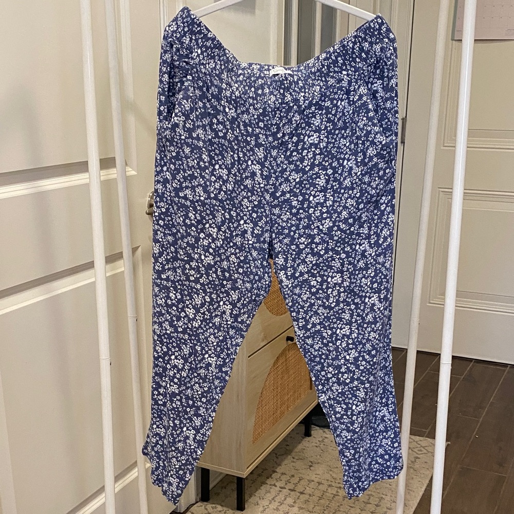 Blue Floral Elastic Waist Pants